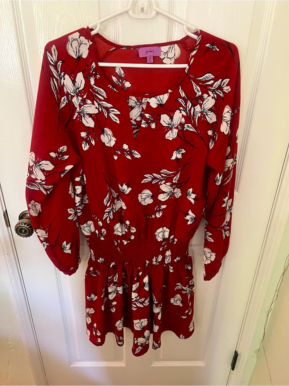 Red Floral Long-Sleeve Smocked-Waist Blouse - Women